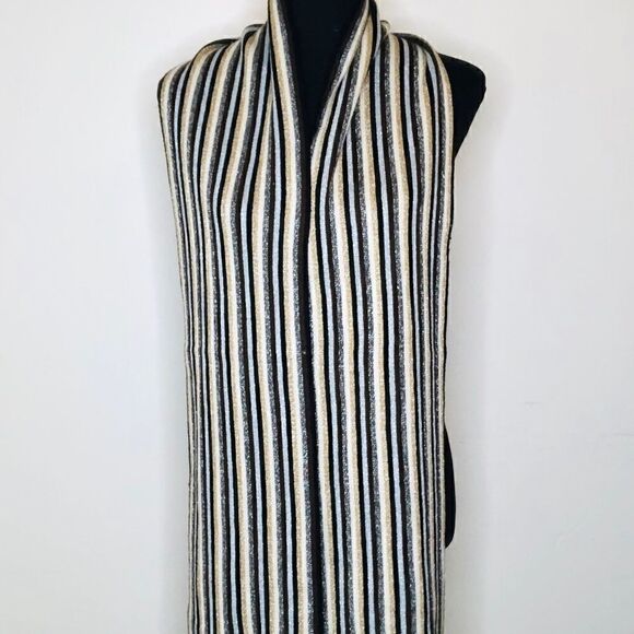 Cejon Knit Striped Scarf with Fringe Black Brown - Picture 2 of 10